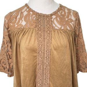 John Paul Richard Womens Tan‎ Lace Crochet Faux Suede Peasant Top Blouse Medium